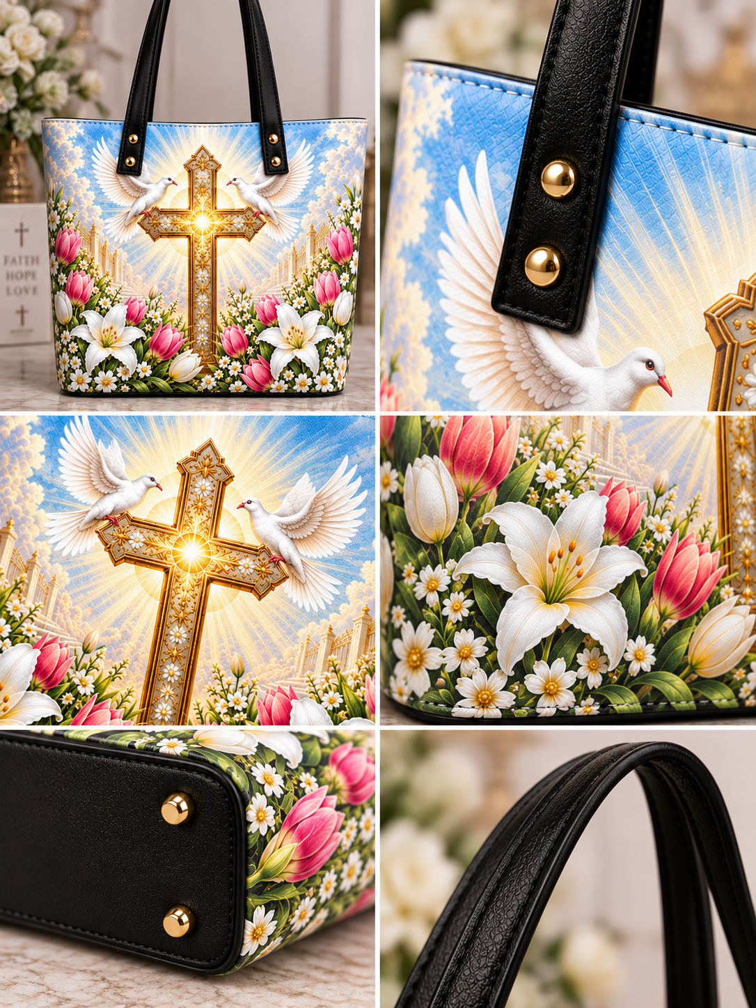 A tote bag shown in a six-panel collage, featuring a printed design of a golden cross, white doves, lilies, tulips, and floral patterns on a blue sky background, with black handles and gold-tone hardware.