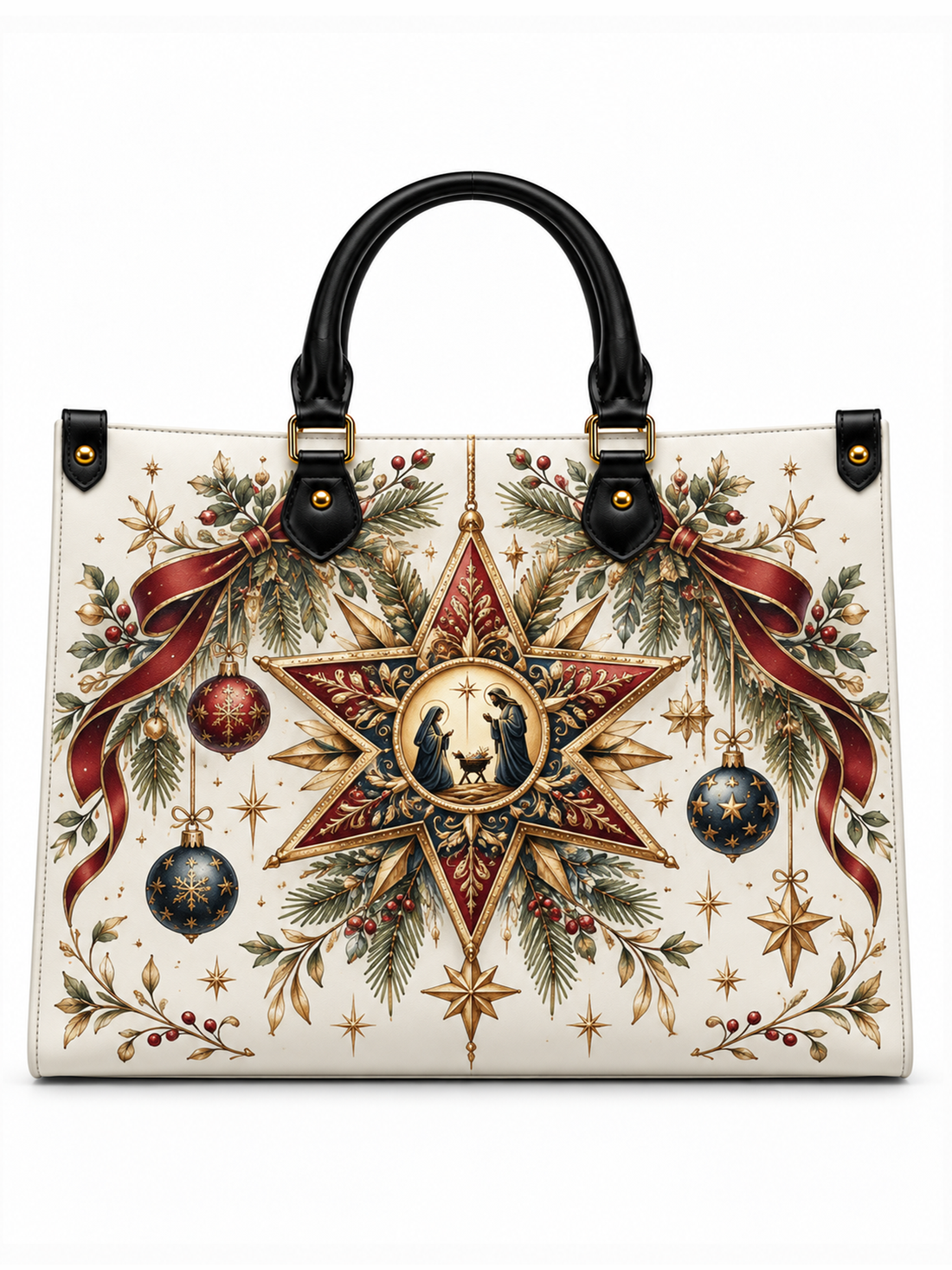 A structured tote bag with black leather handles and a cream-colored body, decorated with a detailed Christmas star and holiday wreath design featuring red ribbons, green pine branches, gold stars, and hanging ornaments.