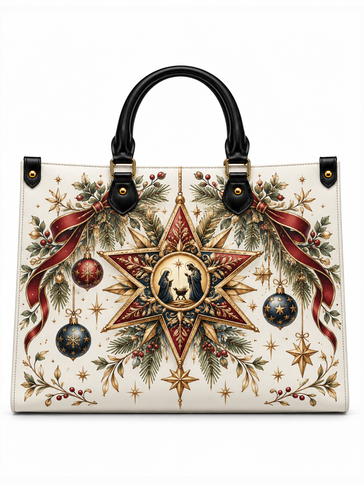 A structured tote bag with black leather handles and a cream-colored body, decorated with a detailed Christmas star and holiday wreath design featuring red ribbons, green pine branches, gold stars, and hanging ornaments.