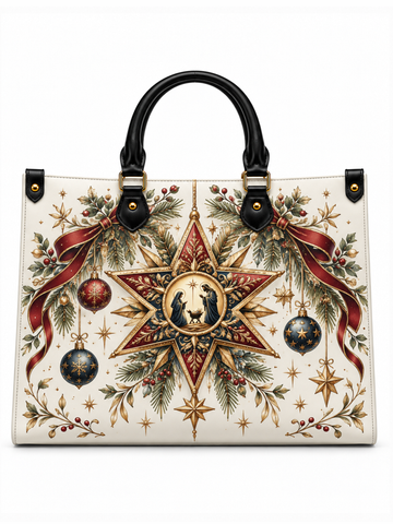 A structured tote bag with black leather handles and a cream-colored body, decorated with a detailed Christmas star and holiday wreath design featuring red ribbons, green pine branches, gold stars, and hanging ornaments.