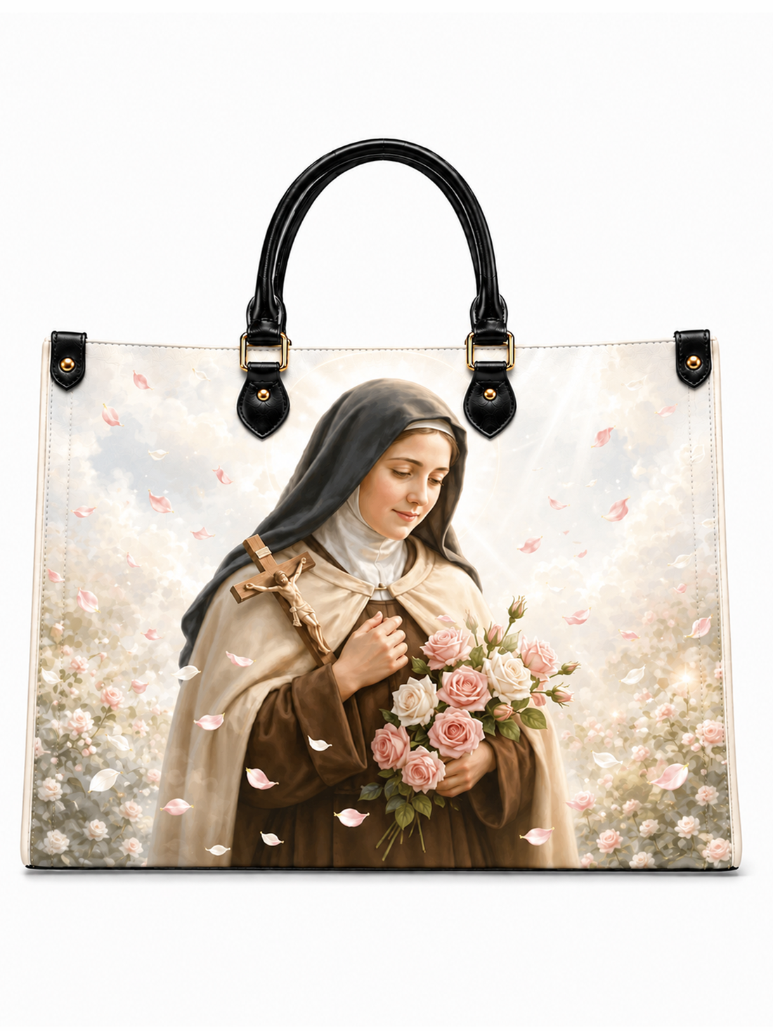 A structured tote bag with black leather handles and gold-tone hardware, featuring a printed image of a nun holding pink roses on a white background.
