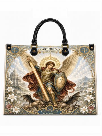 A structured tote bag featuring a large, detailed religious print of Saint Michael the Archangel with a sword and shield, set against a light background with black leather handles and gold-tone hardware.