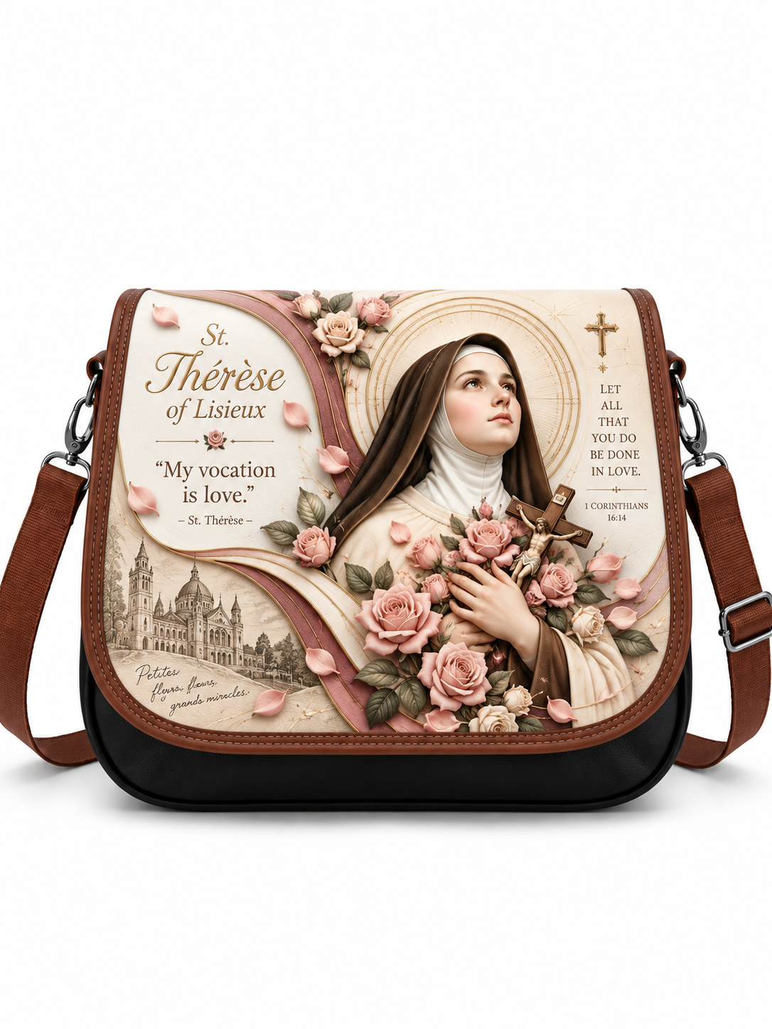 A messenger bag featuring a detailed 3D-style graphic of Saint Thérèse of Lisieux, surrounded by pink roses, with religious quotes and a small cross on the front flap. The bag has brown leather trim, a black base, and a brown shoulder strap, shown against a plain white background.