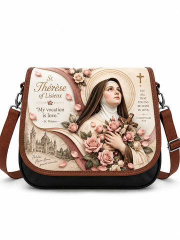 A messenger bag featuring a detailed 3D-style graphic of Saint Thérèse of Lisieux, surrounded by pink roses, with religious quotes and a small cross on the front flap. The bag has brown leather trim, a black base, and a brown shoulder strap, shown against a plain white background.