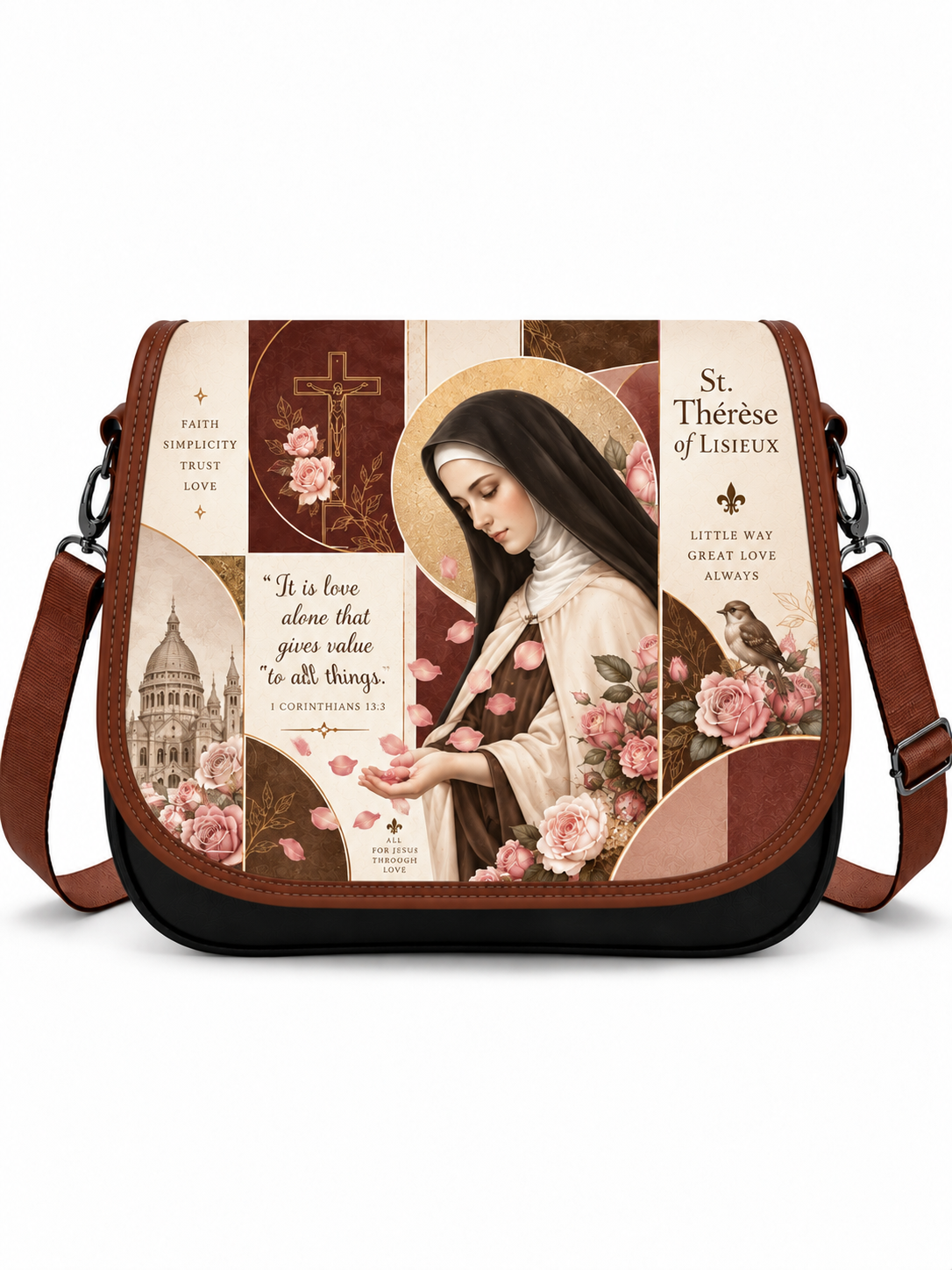 A messenger-style shoulder bag with a brown leather strap and a large printed collage on the front featuring St. Thérèse of Lisieux, roses, a cross, a basilica, and inspirational quotes.