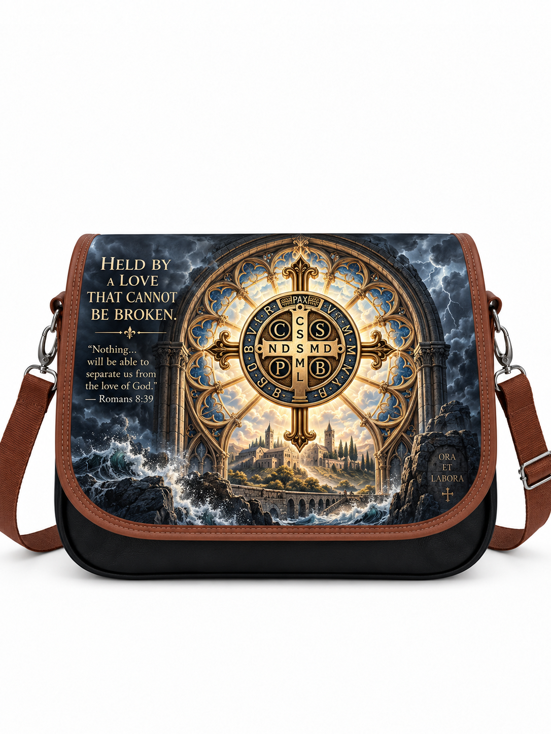 A messenger bag with a brown leather trim and a black base, featuring a detailed fantasy illustration of a gothic cathedral window with stormy clouds and a golden cross. The bag has a brown leather shoulder strap and silver metal hardware.