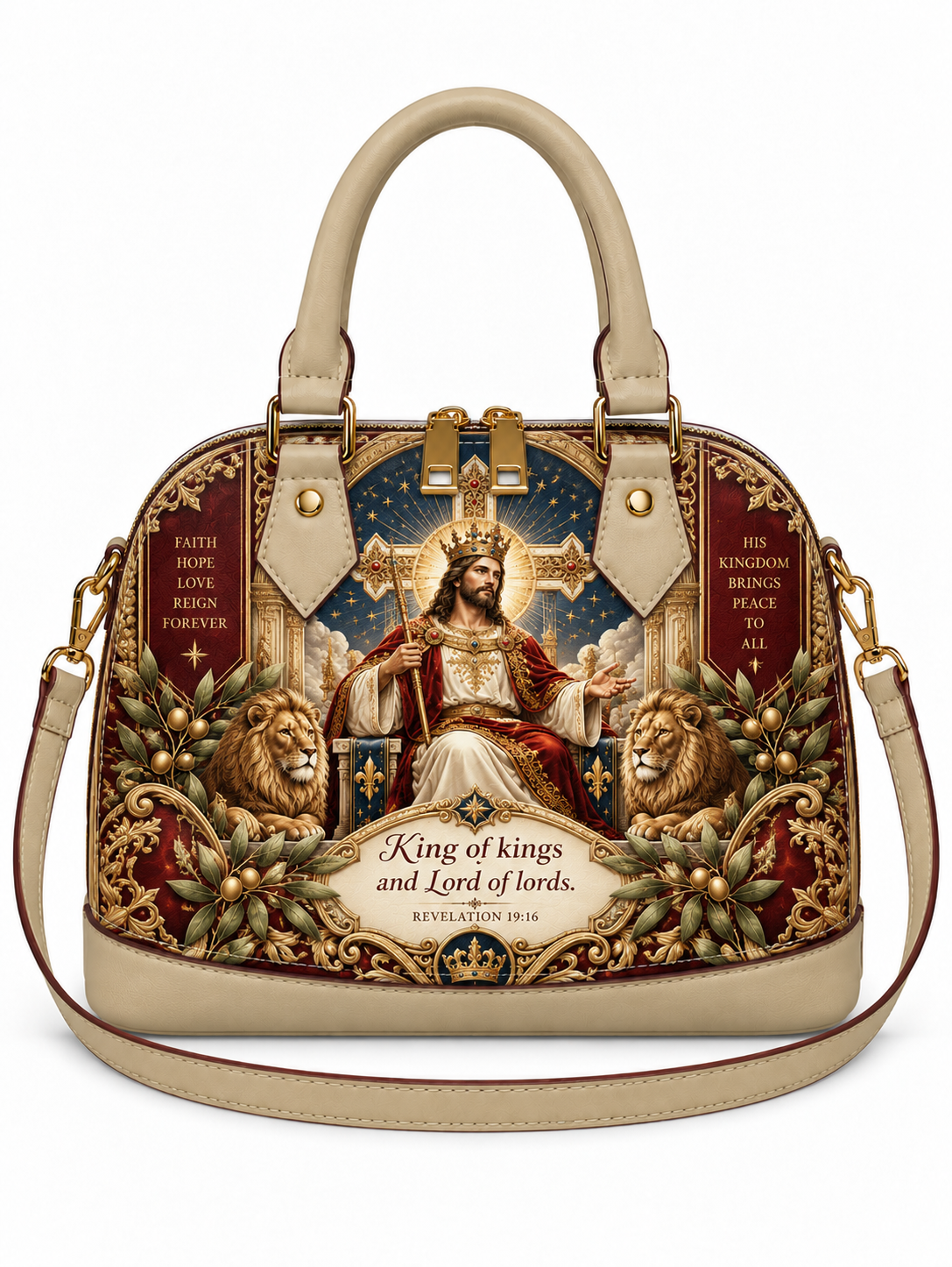 A structured dome handbag with beige leather trim and a long shoulder strap, featuring an ornate religious graphic print of Jesus on the front with lions, gold detailing, and text including 'King of kings and Lord of lords' and 'Revelation 14:14'.
