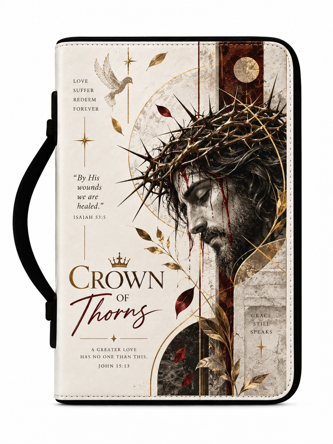 A Bible journal or book cover featuring a sepia-toned design with a side handle, printed with a profile portrait of Jesus wearing a crown of thorns, decorative leaves, scripture text, and the words 'Crown of Thorns' on a light beige background.