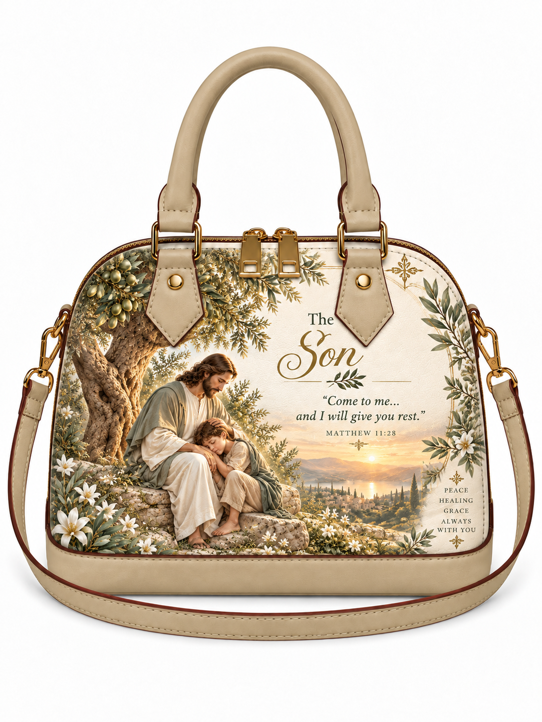 A structured dome-shaped handbag with beige leather trim and handles, featuring a printed illustration of Jesus and a child under an olive tree, with the text 'The Son' and a Bible verse on the front.