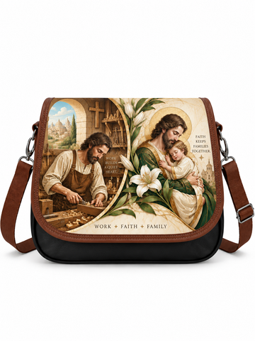 A black messenger bag with brown leather trim and a detailed religious print on the front flap. The print depicts a craftsman working in a workshop on the left and Jesus holding a child on the right, separated by a lily flower and the text 'FAITH + FAMILY + GOD' and 'WORK + FAITH + FAMILY'.