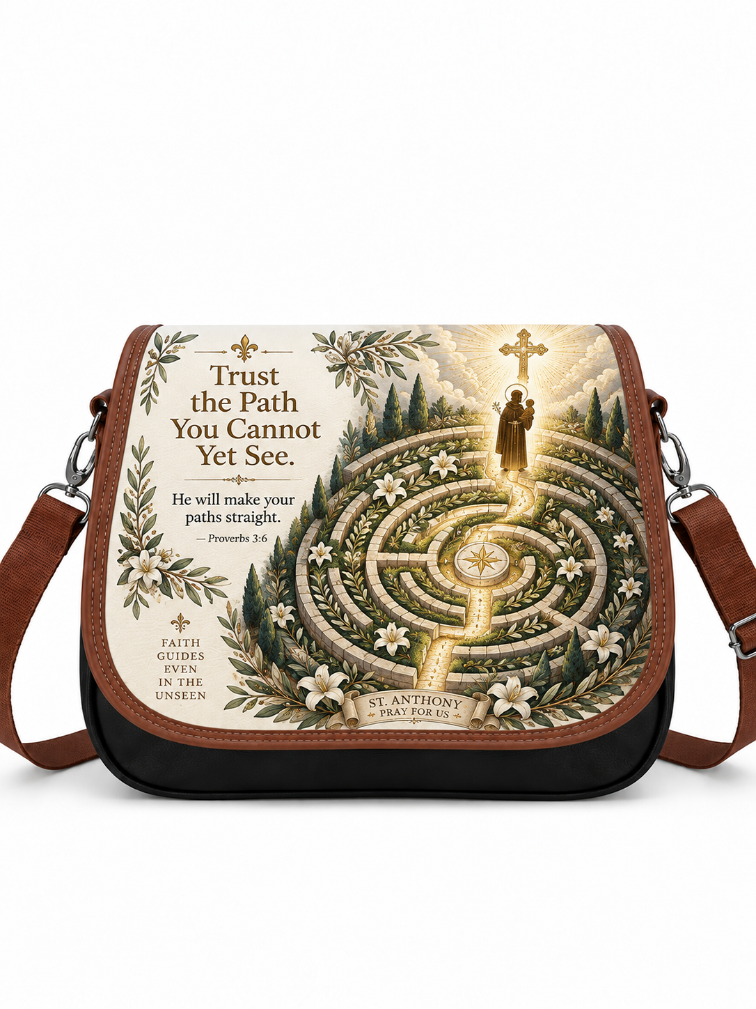 A messenger-style shoulder bag with a printed religious design featuring a glowing path through a forest maze, a robed figure under a cross, floral borders, and Bible verse text. The bag has dark brown leather trim and a dark brown shoulder strap on a white background.