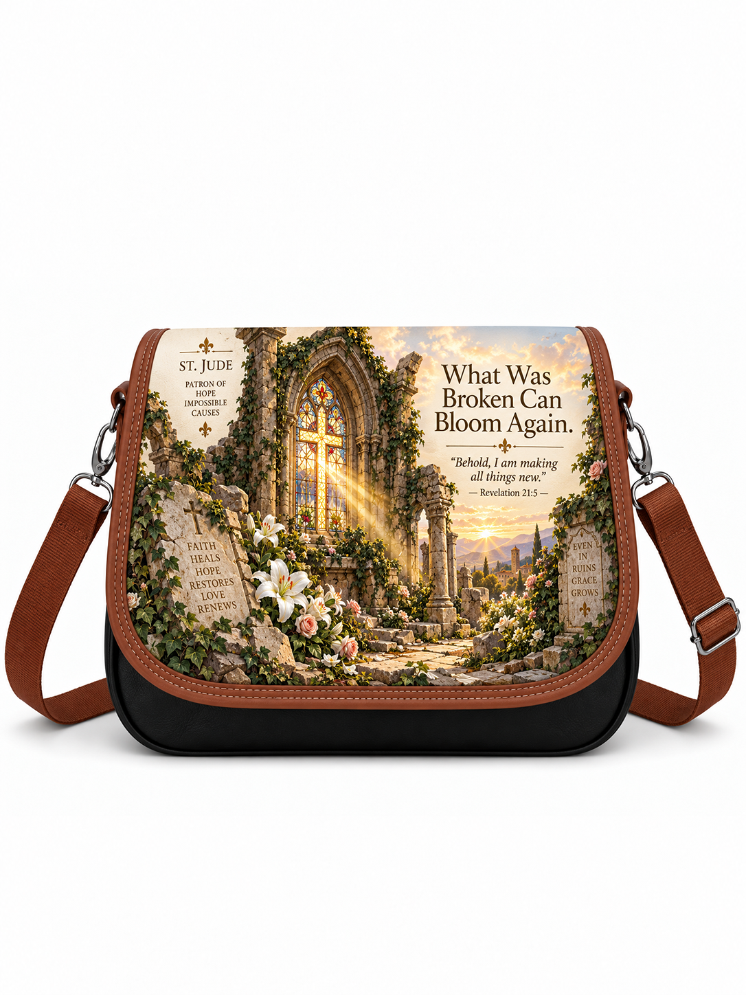 A black shoulder bag with brown leather trim and a detailed St. Jude cathedral scene printed on the front, featuring the quote 'What Was Broken Can Bloom Again.