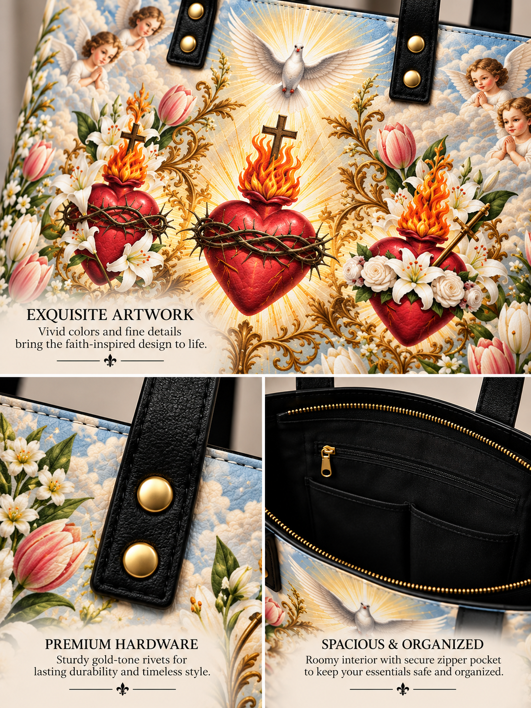 A tote bag with an ornate religious art print featuring two Sacred Hearts of Jesus, cherubs, doves, and flowers, shown in a three-panel layout highlighting the exterior artwork, gold-tone hardware, and a black zippered interior.