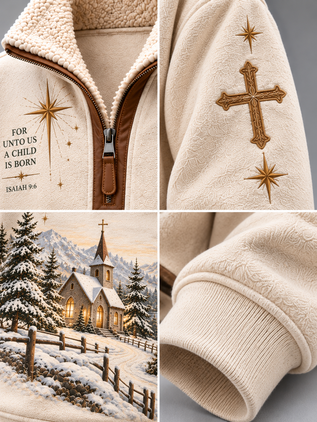 A four-panel close-up collage of a cream fleece zip jacket. The top-left panel shows the cream sherpa-lined collar, brown zipper trim, and printed scripture with gold star embroidery.