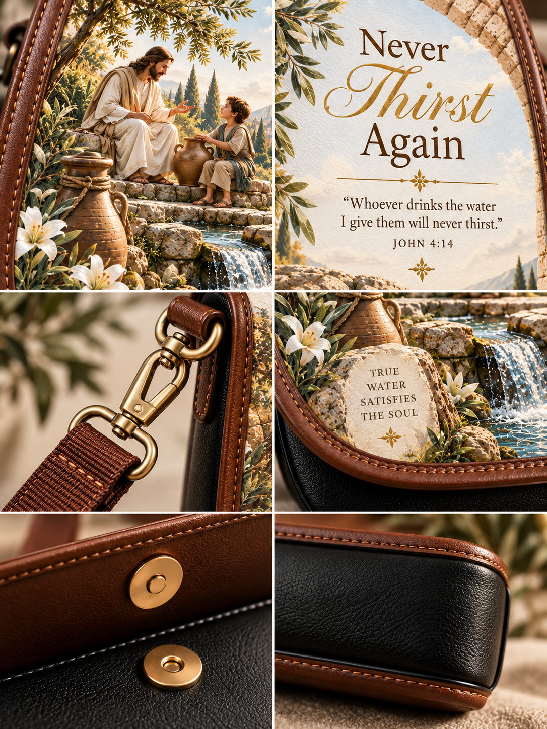 A multi-panel product collage showing a religious-themed crossbody bag. The top-left panel shows the front artwork featuring Jesus and a child by a well with the text 'Never Thirst Again' and a Bible verse.