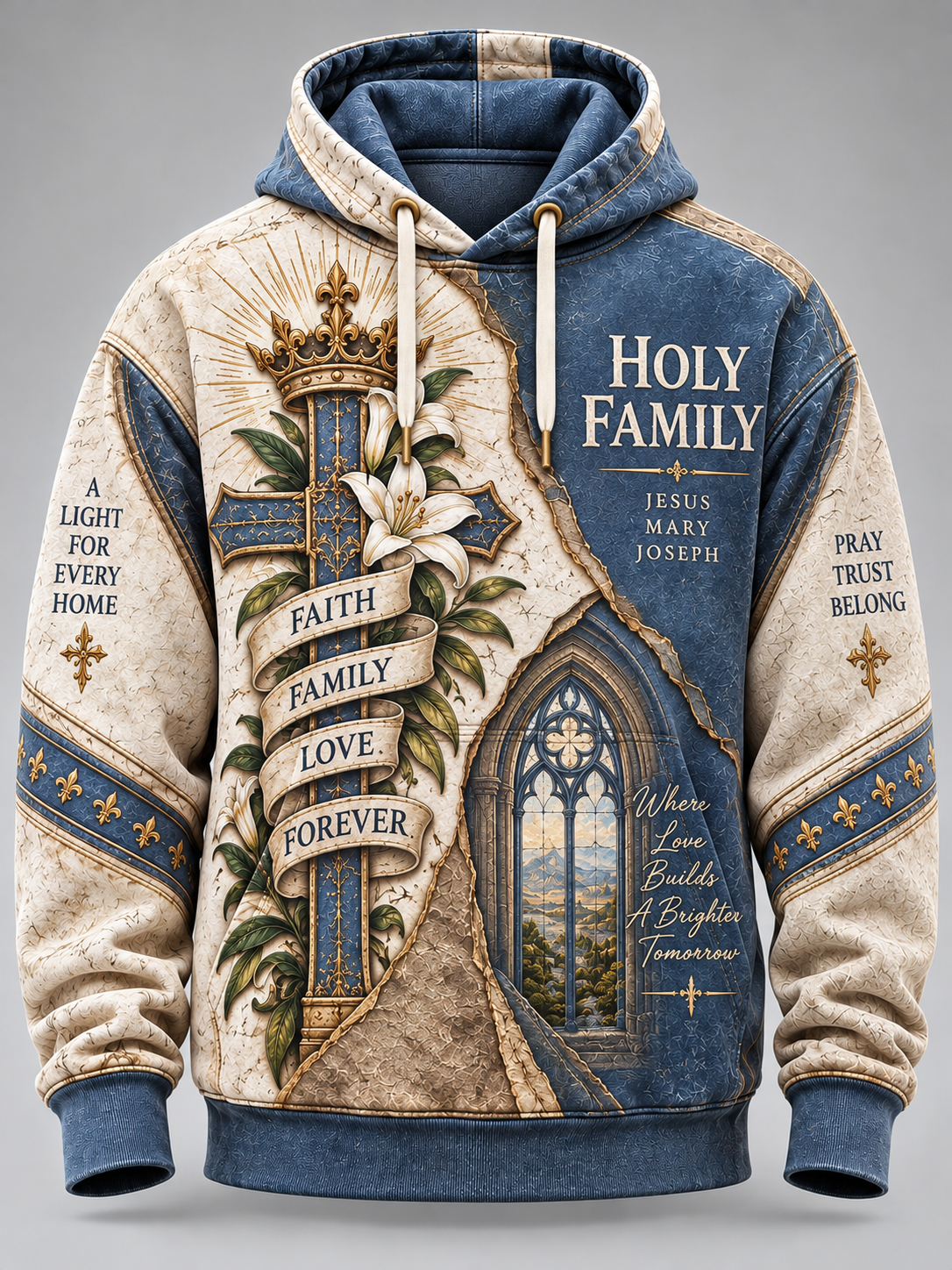 A pullover hoodie with a distressed, vintage-style religious graphic print. The design features a large blue and gold cross with a lily and the words 'FAITH FAMILY LOVE FOREVER', a blue cathedral window illustration, and text including 'HOLY FAMILY' and 'JESUS MARY JOSEPH'.