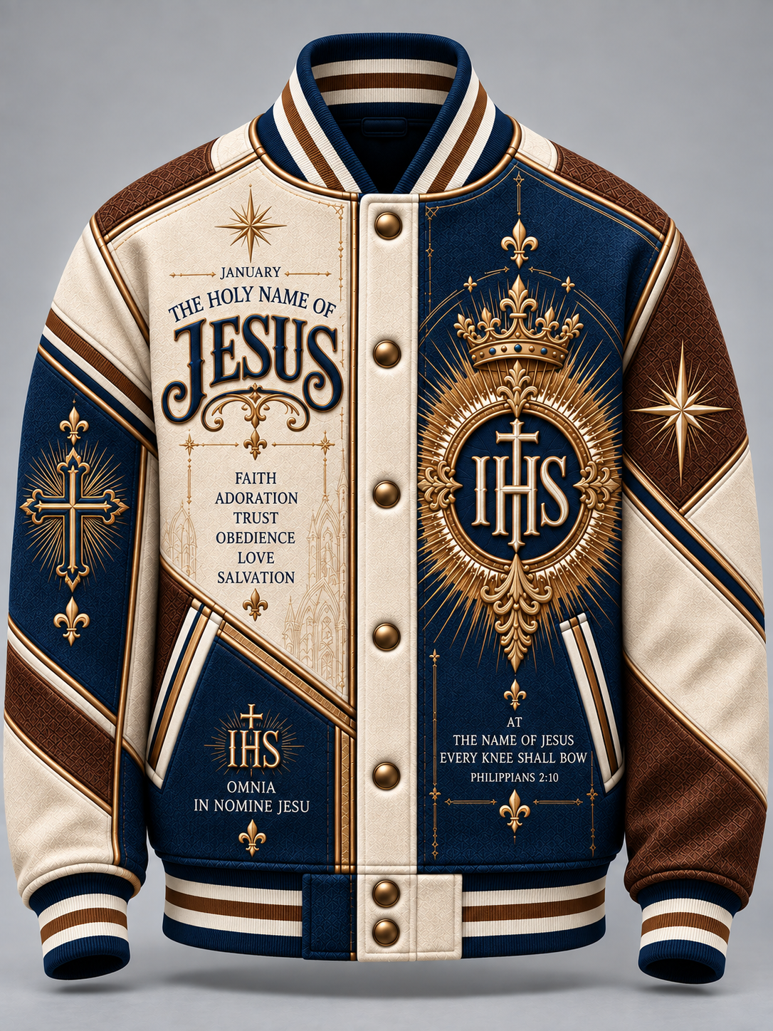 A custom varsity-style bomber jacket featuring a navy blue and cream body with brown ribbed trim, decorated with gold-toned religious graphics, crosses, stars, and the text 'The Holy Name of Jesus' and 'IHS'.