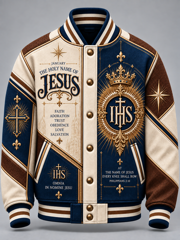 A custom varsity-style bomber jacket featuring a navy blue and cream body with brown ribbed trim, decorated with gold-toned religious graphics, crosses, stars, and the text 'The Holy Name of Jesus' and 'IHS'.