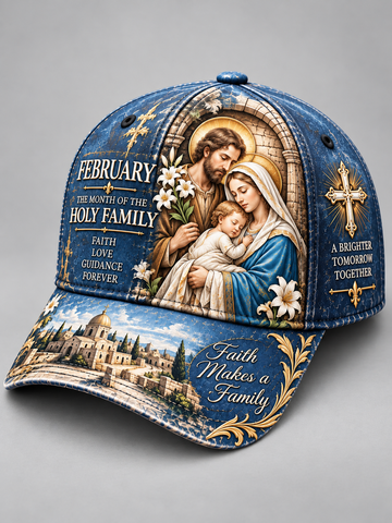 A blue baseball cap with a detailed graphic print of the Holy Family, white daisies, gold crosses, and inspirational text including 'February' and 'Faith Makes a Family', shown on a neutral gray background.