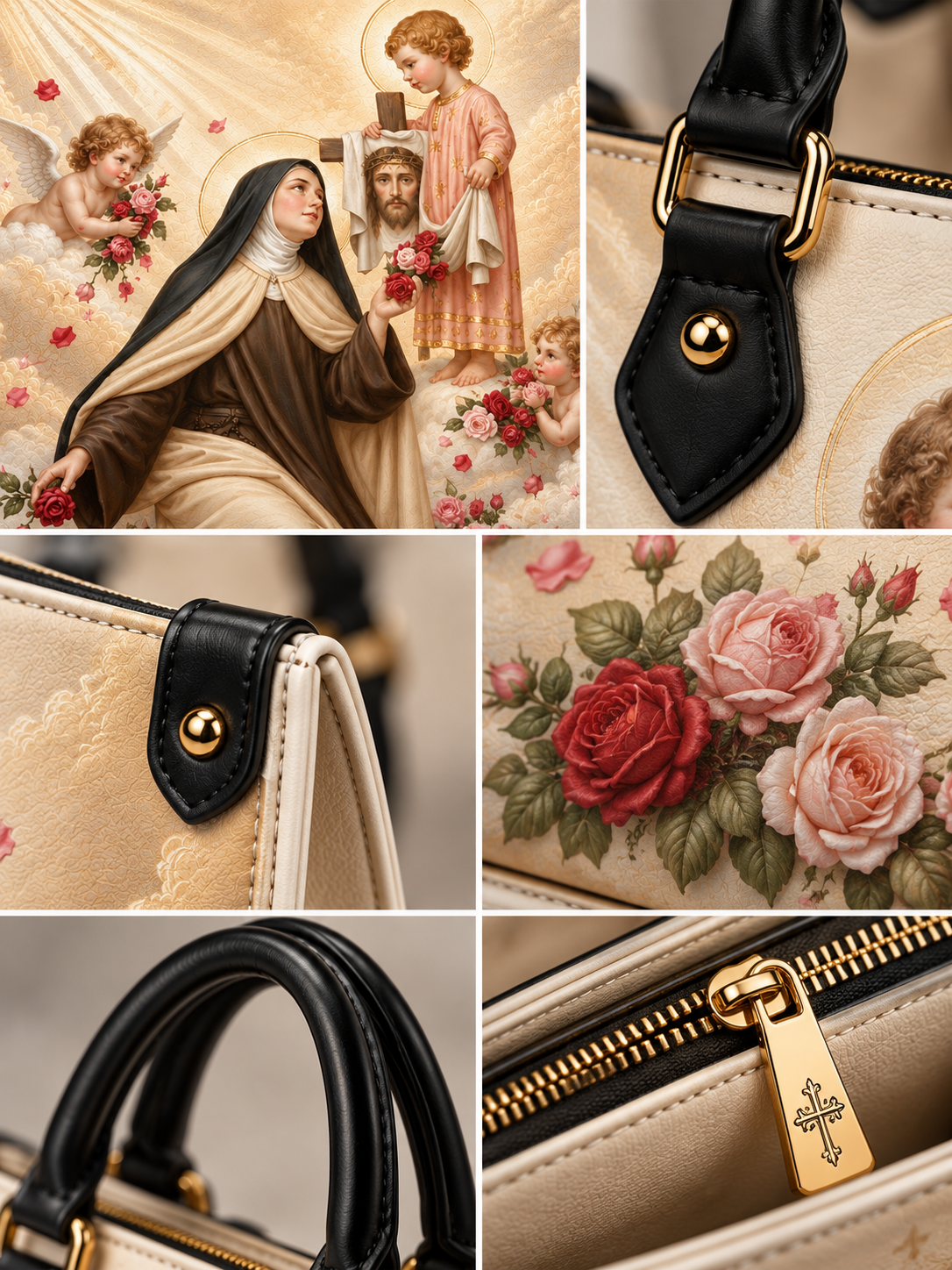A collage of close-up product details and a decorative print panel showing a cream-colored handbag with black leather handles, gold-tone hardware, floral rose embroidery, and a religious illustration featuring a nun, a man, and cherubs.