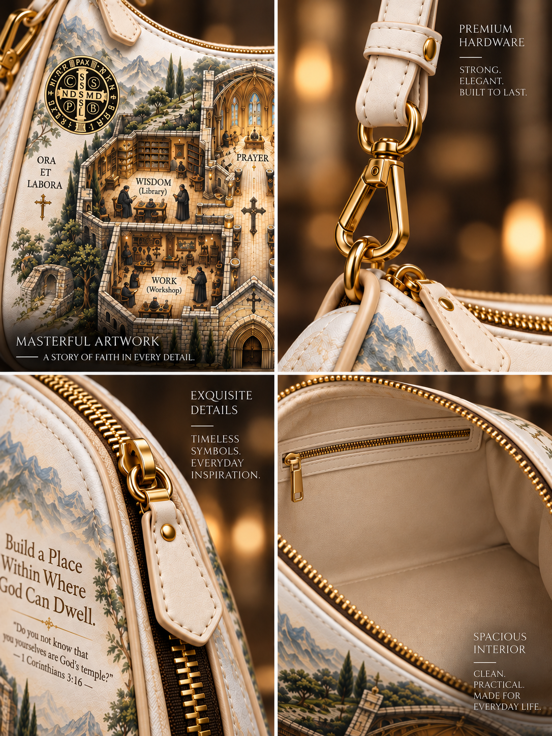 A four-panel product collage showing a cream-colored shoulder bag with gold hardware and a detailed religious illustration printed across the exterior. The panels highlight the printed artwork, the gold clasp hardware, the interior pocket space, and the clean lining.