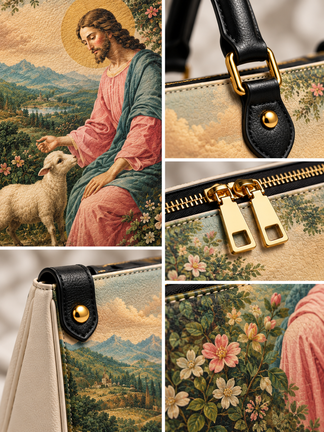 A collage showing a handbag from multiple angles: a large scenic panel with a classical painting-style scene of Jesus and a sheep, close-ups of black leather trim with gold hardware, floral and landscape printed panels, and the bag body featuring a vintage-style floral print over a beige base.