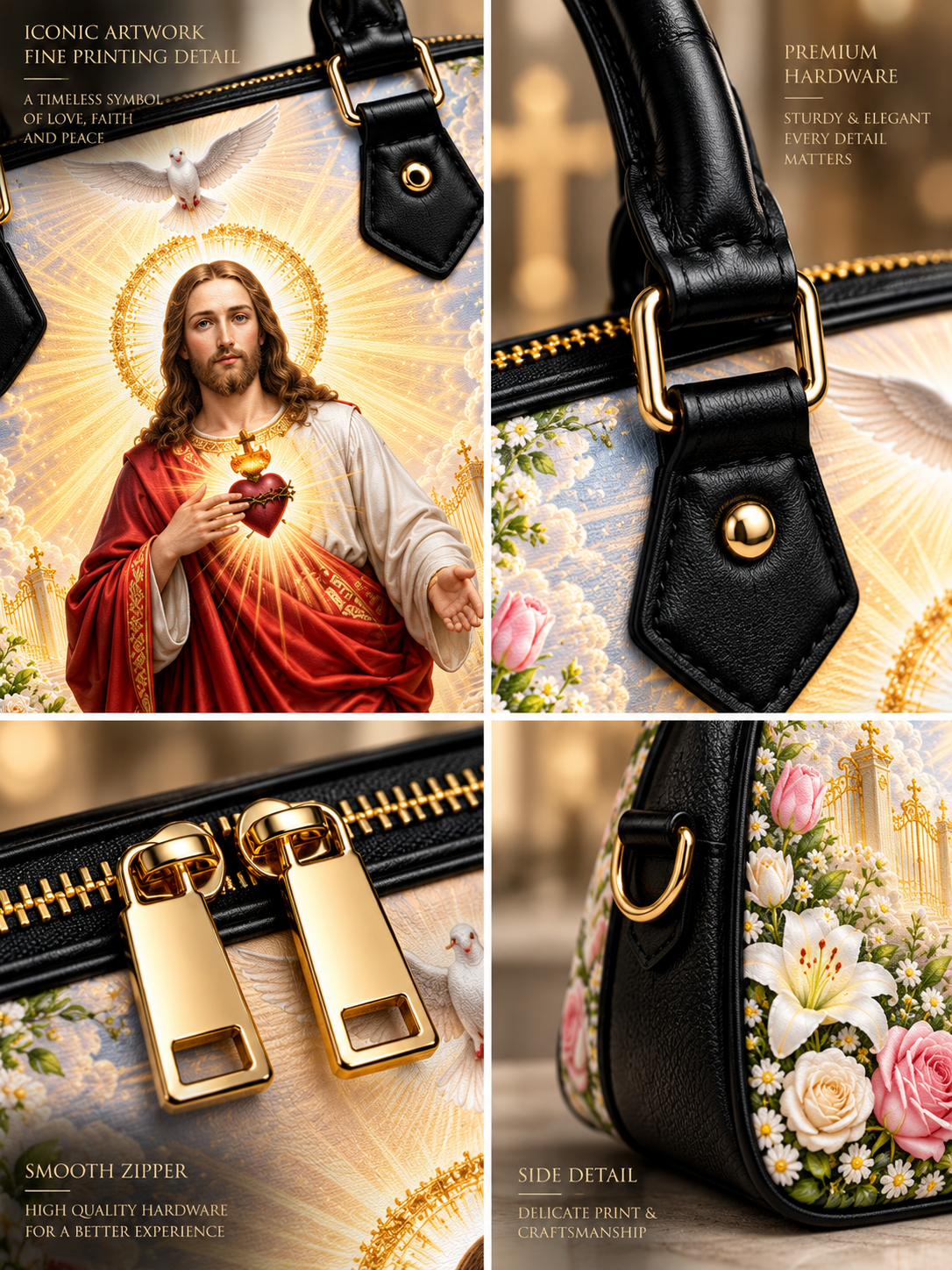A four-panel product collage showing a black leather handbag with gold hardware and a floral/religious printed insert. The panels highlight the bag's handle attachment, smooth gold zipper pulls, and side detail, while the top-left panel shows a large printed religious artwork insert with text overlays.
