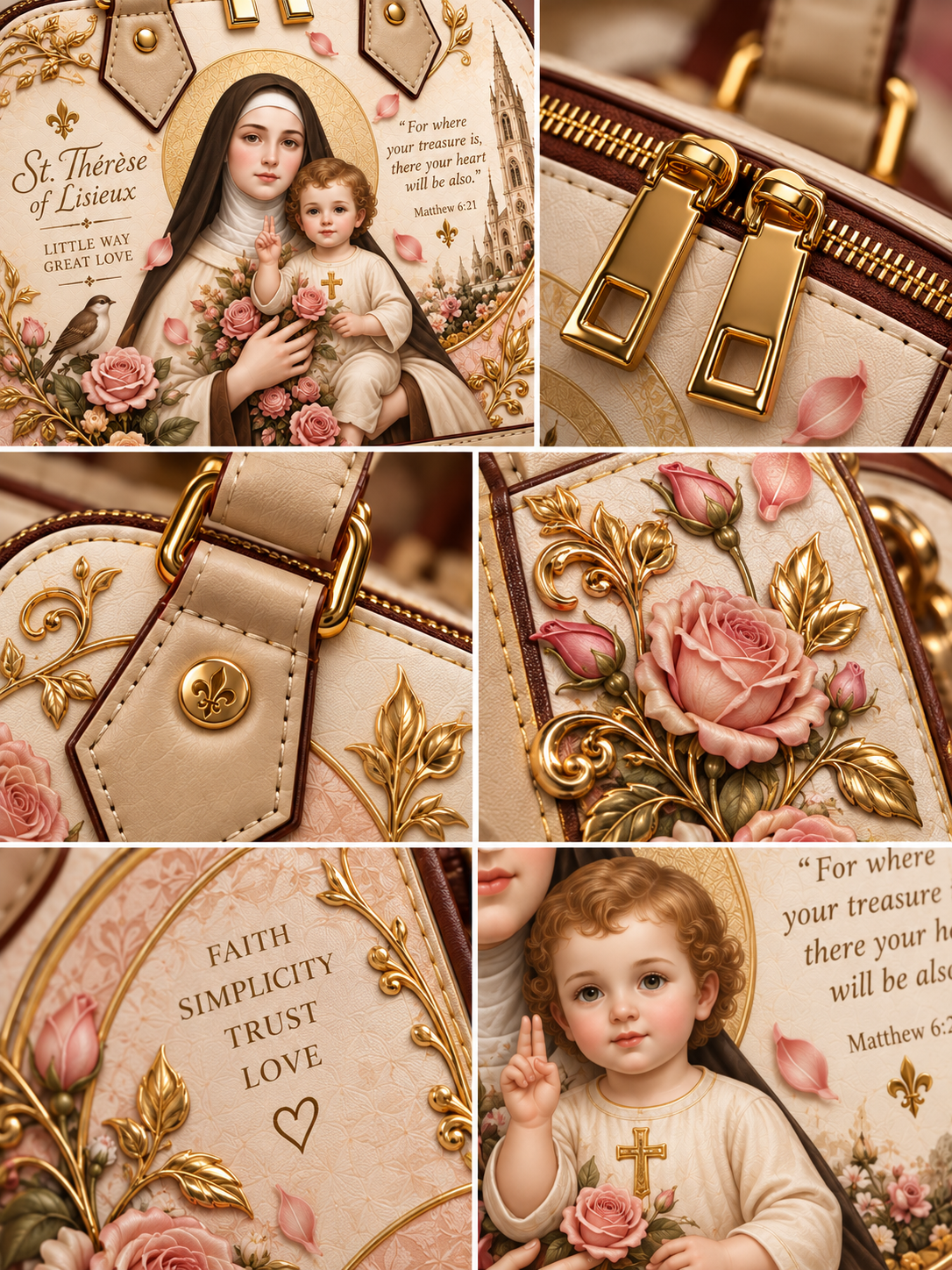 A collage of close-up views of a handbag or satchel featuring a vintage-style religious illustration with a woman holding a child, pink roses, gold hardware, and decorative text including 'Faith Simplicity Trust Love.'.