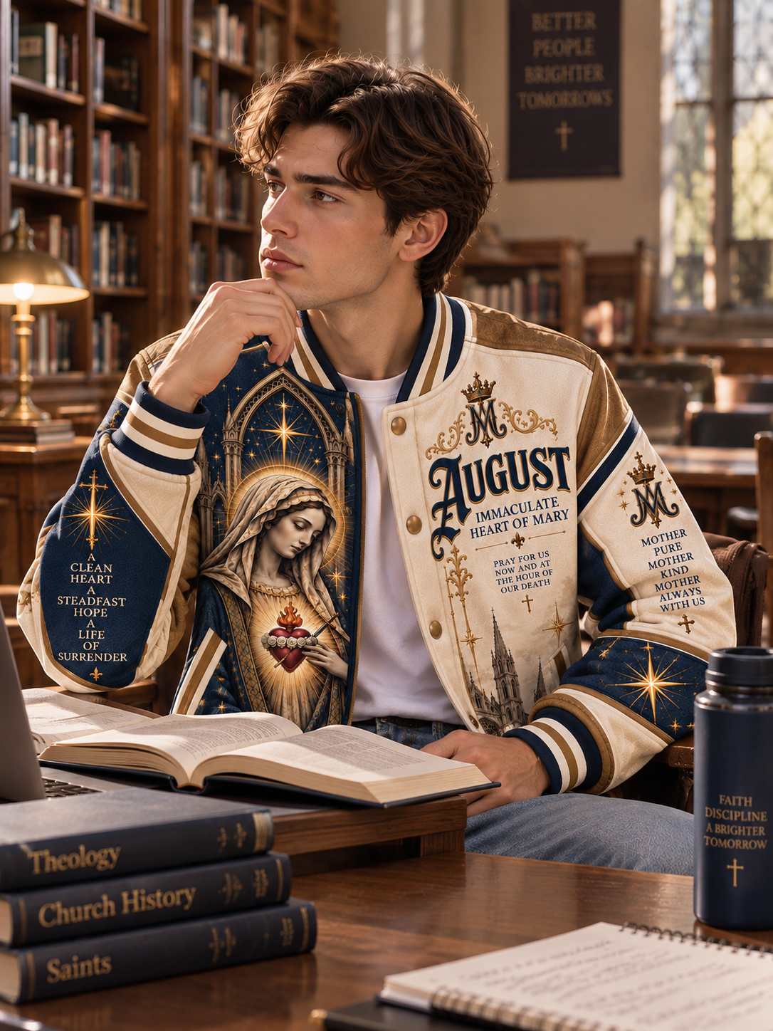 A varsity-style bomber jacket with a detailed religious print of the Immaculate Heart of Mary. The jacket features navy blue and cream panels with gold accents, including stars, arches, and text reading 'August Immaculate Heart of Mary' and 'Mother Purest Mother Kind Mother Always With Us.