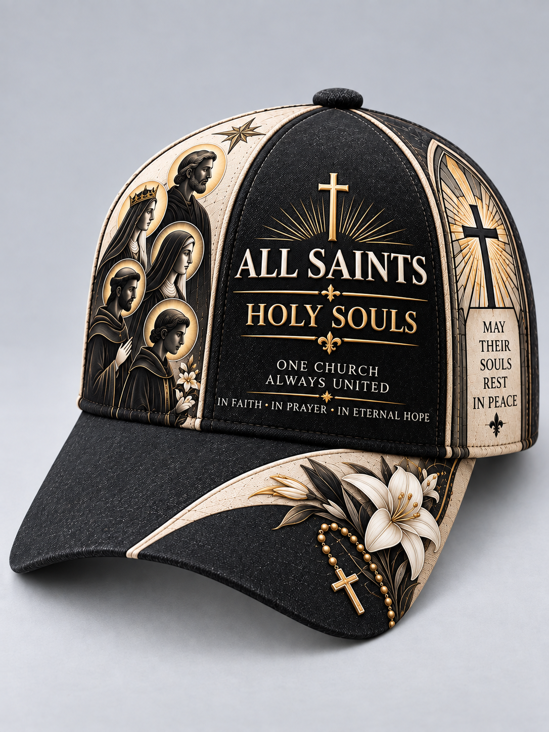 A black baseball cap with gold and beige religious graphics, featuring the text 'ALL SAINTS HOLY SOULS' on the front panel and a rosary with a cross on the brim, shown against a neutral gray background.
