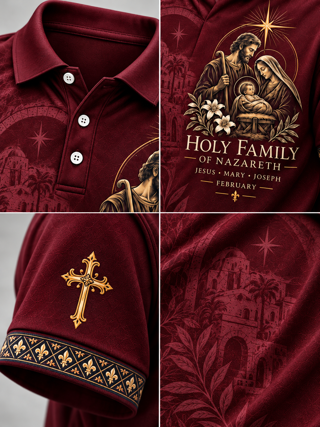 A close-up collage of a burgundy polo shirt showing multiple views of a religious graphic print. The print features a gold-toned illustration of the Holy Family of Nazareth with the text 'HOLY FAMILY OF NAZARETH JESUS • MARY • JOSEPH FEBRUARY'.