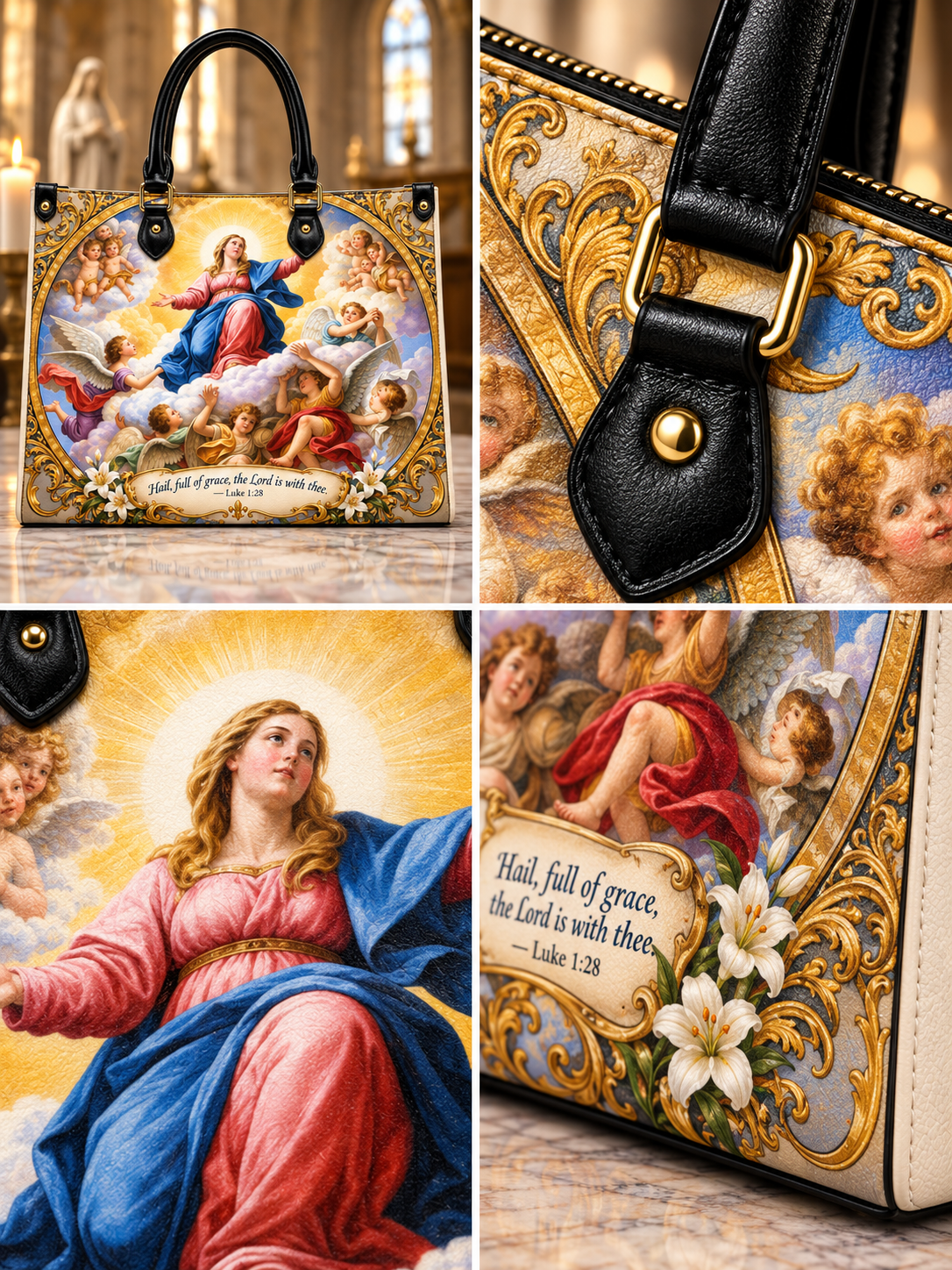 Blessed Virgin Mary Hail Full of Grace Leather Tote Bag