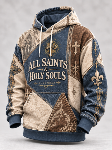 A hooded sweatshirt with a distressed patchwork design in blue, beige, and brown, featuring religious motifs like crosses, fleur-de-lis, and a central sun emblem. The front text reads 'ALL SAINTS & HOLY SOULS NOVEMBER'.