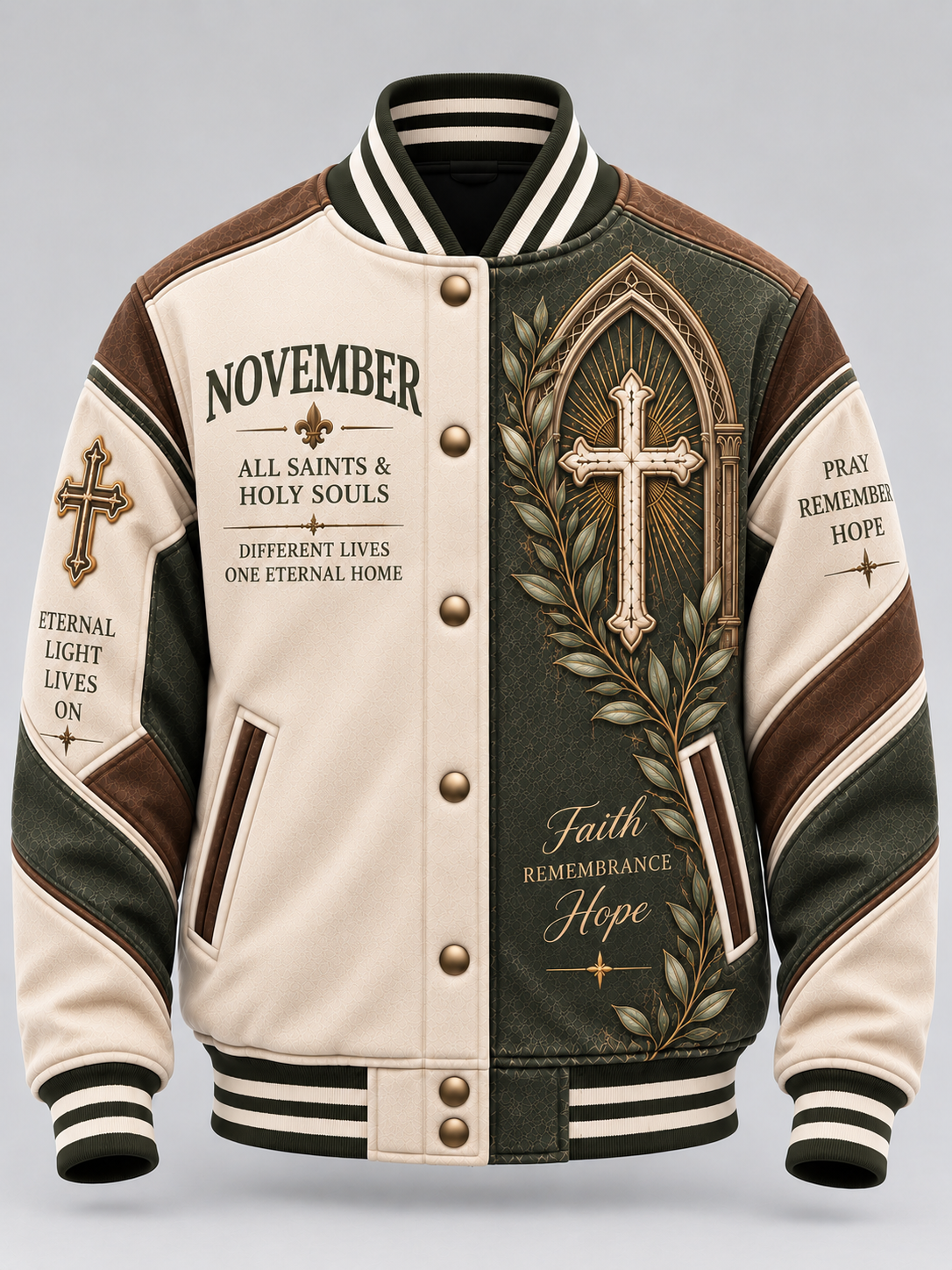 A varsity-style bomber jacket with cream, dark green, and brown panels, featuring religious text and graphic designs including a large cross, laurel wreath, and the words 'November' and 'Faith Remembrance Hope' on a light gray background.