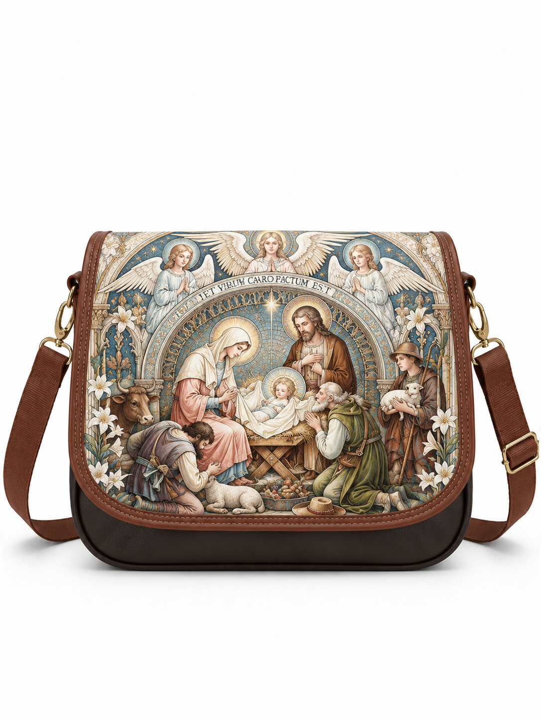 A brown leather shoulder bag featuring a large, detailed religious print of the Holy Family and surrounding angels on the front flap, with a matching brown leather strap and gold-tone hardware.