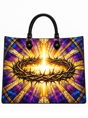 Crown of Thorns Radiant Stained Glass Leather Tote Bag