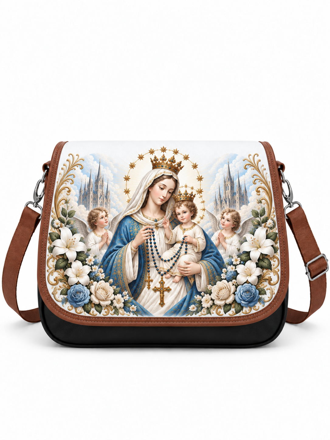 A rectangular shoulder bag with a brown leather strap and trim, featuring a large printed religious illustration of the Virgin Mary holding the Christ child, surrounded by flowers and cherubs on the front flap.