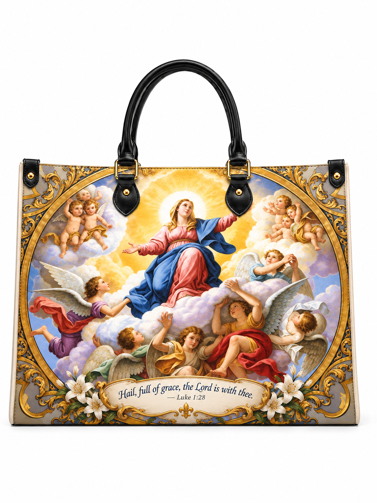 Blessed Virgin Mary Hail Full of Grace Leather Tote Bag