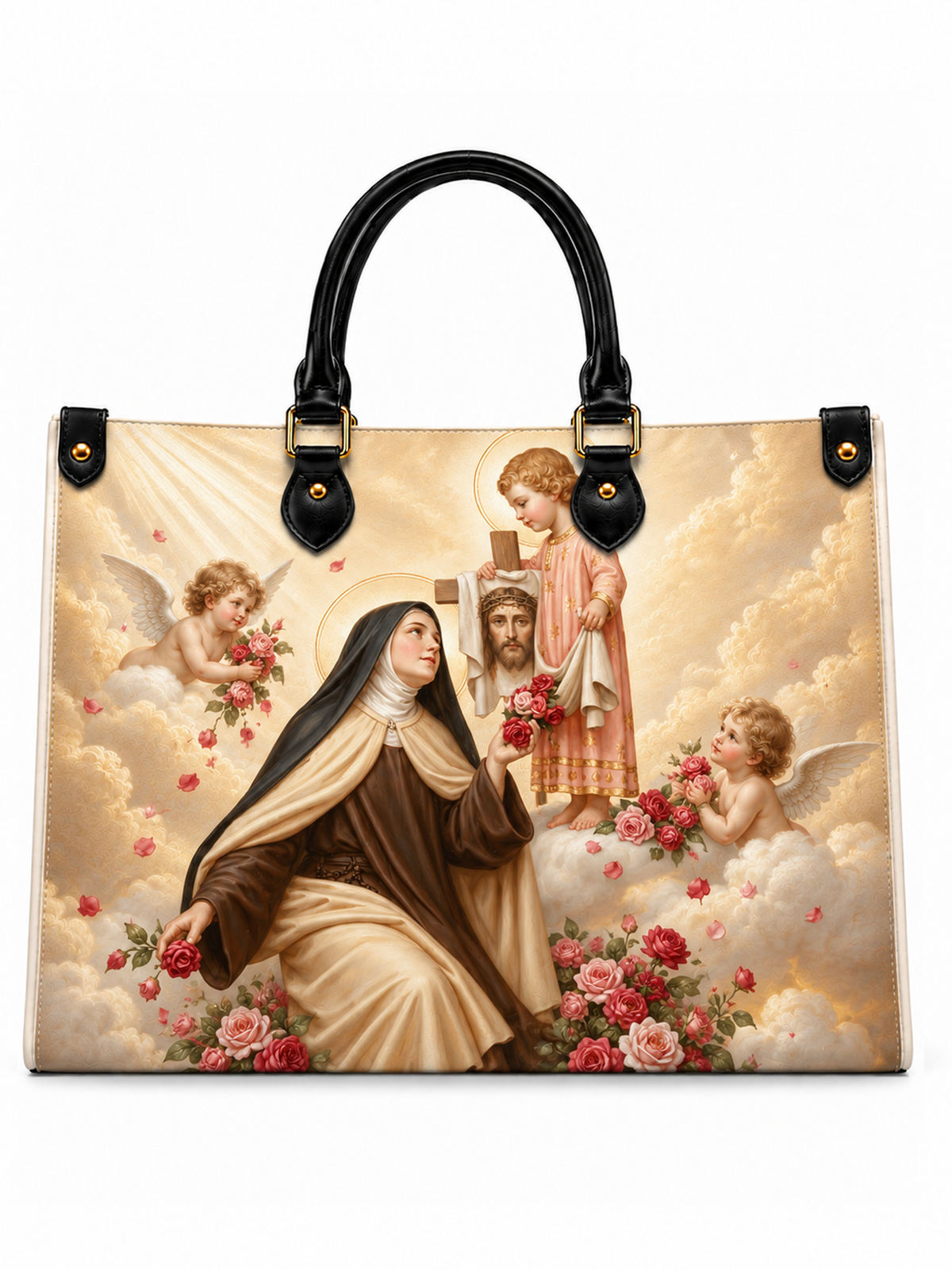 A structured tote handbag with black leather top handles and gold-tone hardware, featuring a large printed religious artwork on the front. The artwork shows a robed nun, a child, cherubs, clouds, and pink roses against a cream background.