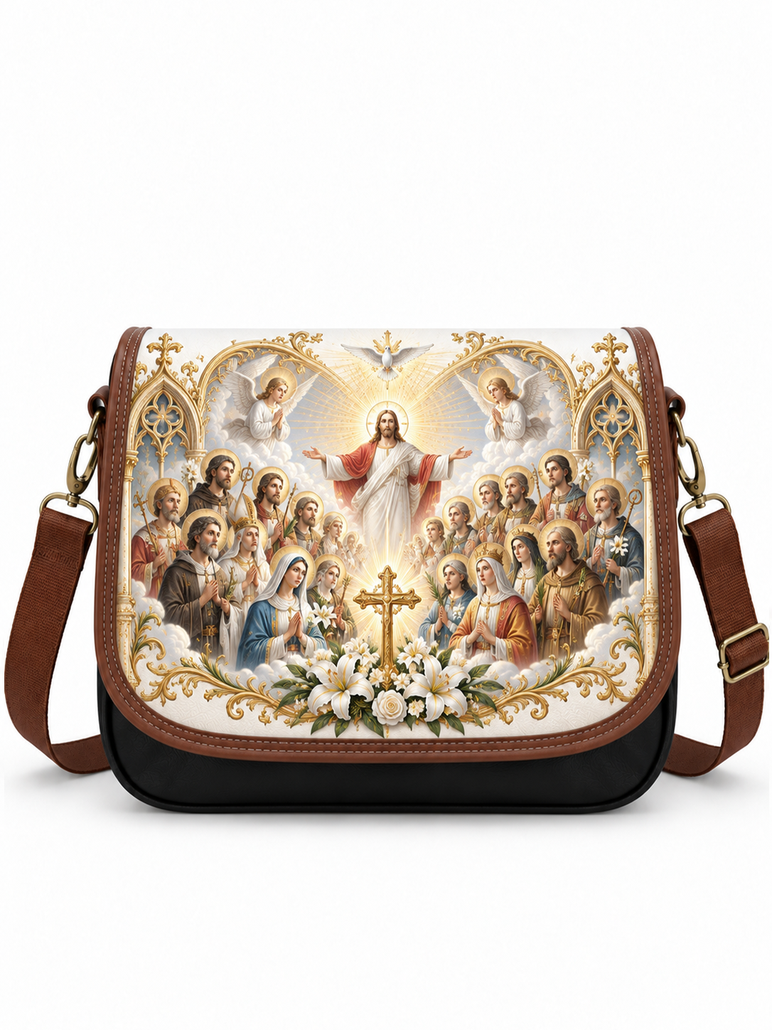 A black messenger bag with brown leather straps and trim, featuring a large, detailed religious print of Jesus Christ and other saints on the front flap, set against a plain white background.