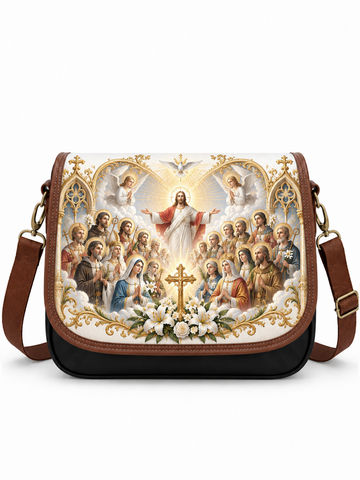 A black messenger bag with brown leather straps and trim, featuring a large, detailed religious print of Jesus Christ and other saints on the front flap, set against a plain white background.