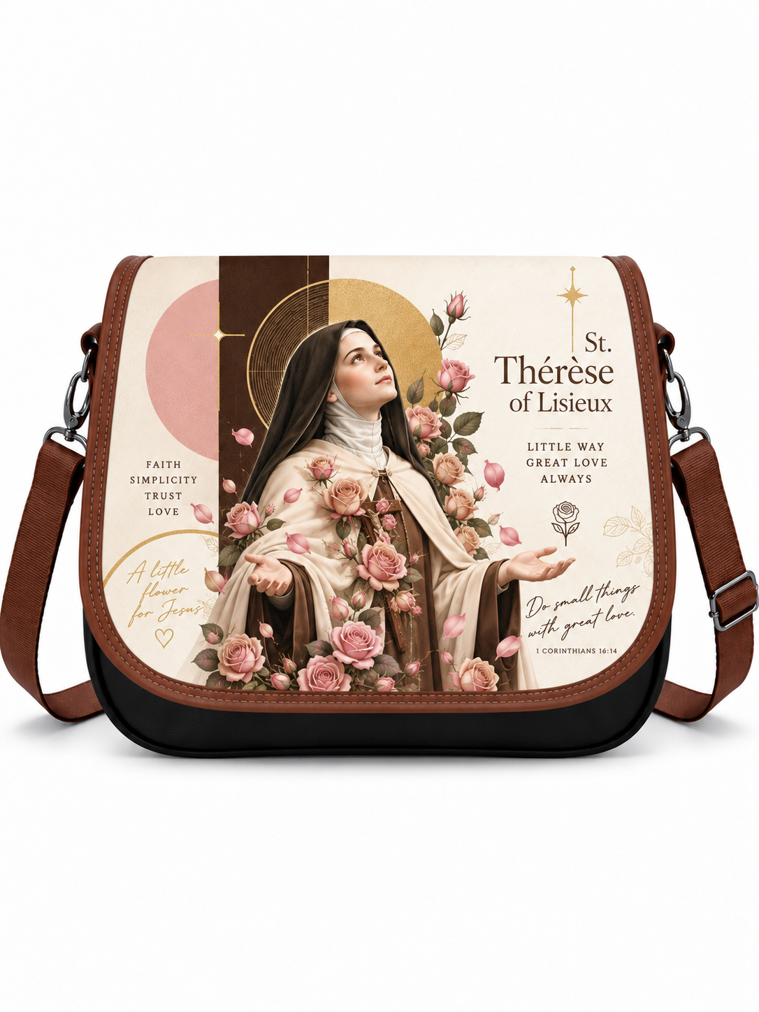 A messenger bag featuring a vintage-style illustration of St. Thérèse of Lisieux surrounded by pink roses, with brown leather trim and a brown shoulder strap, set against a plain white background.