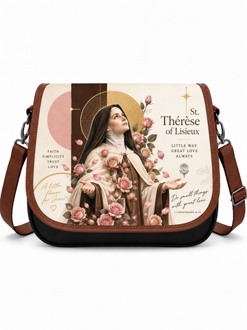 A messenger bag featuring a vintage-style illustration of St. Thérèse of Lisieux surrounded by pink roses, with brown leather trim and a brown shoulder strap, set against a plain white background.