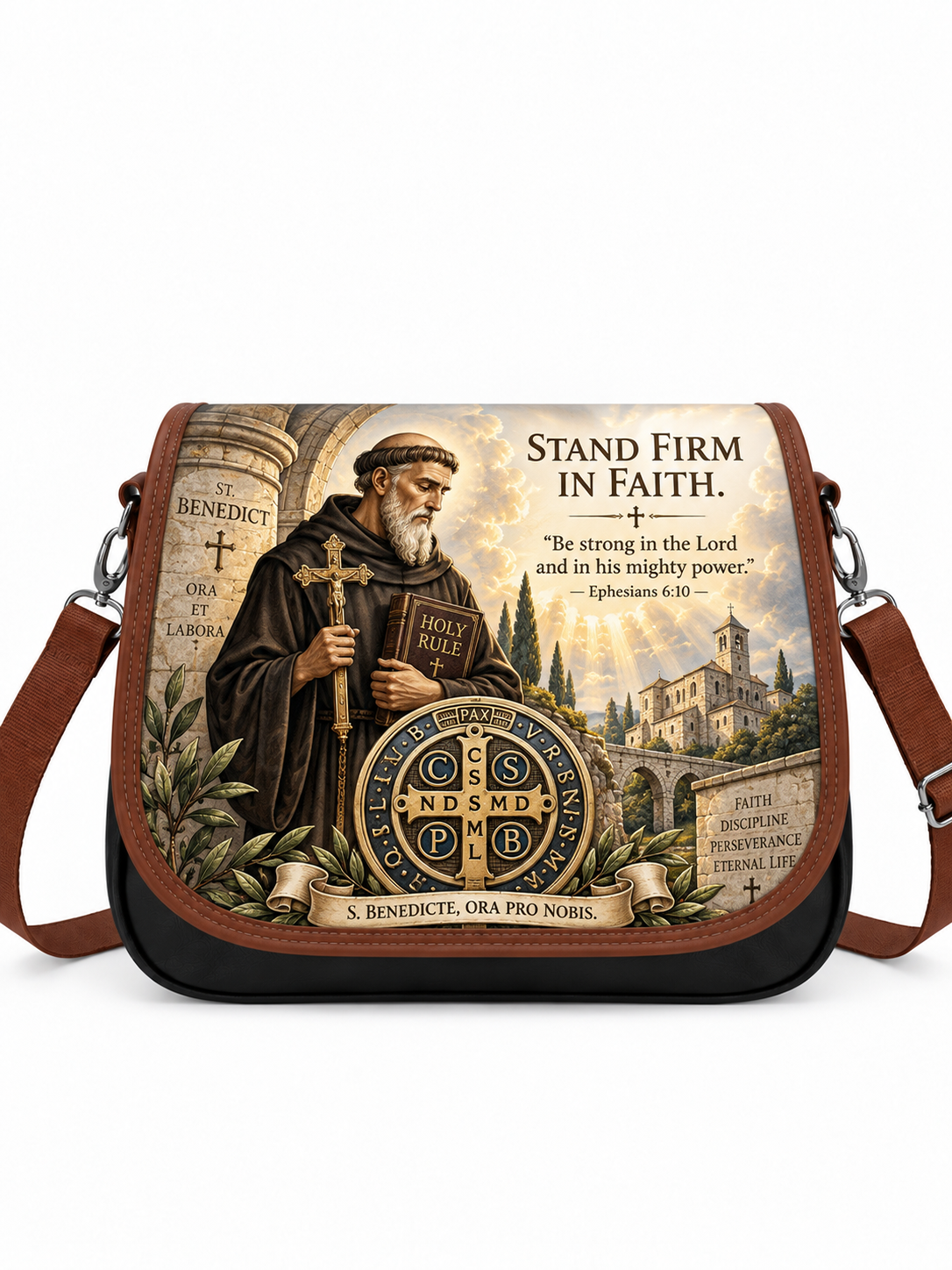 A messenger-style shoulder bag with a brown leather trim and strap, featuring a large printed graphic of Saint Benedict on the front flap. The graphic includes the text 'STAND FIRM IN FAITH.