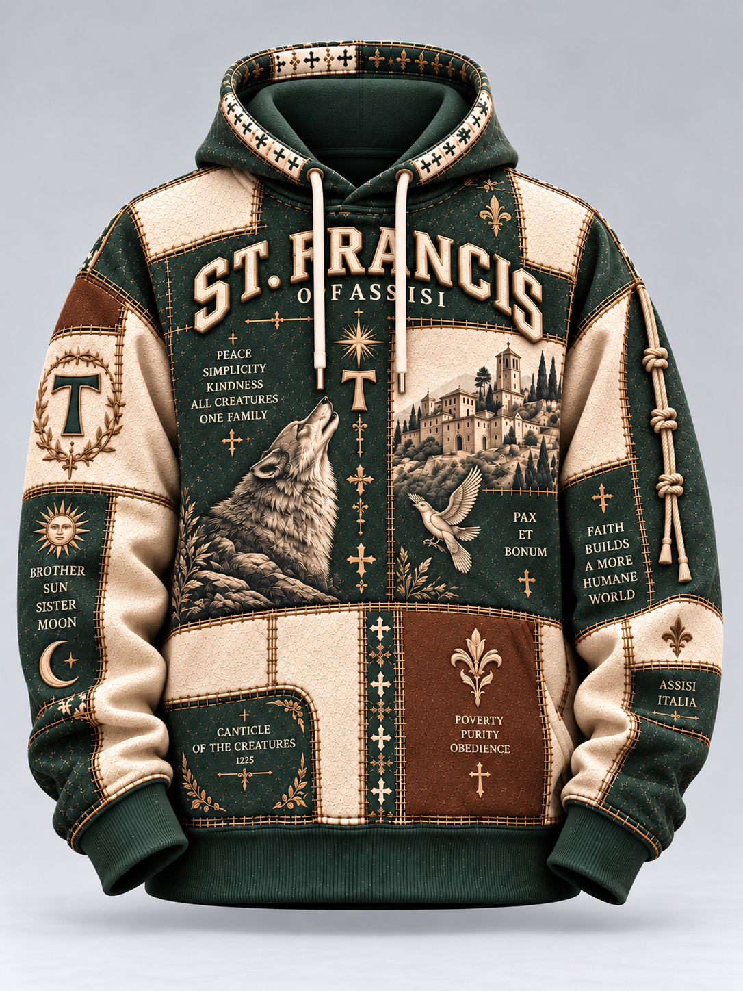 A hooded sweatshirt with an intricate patchwork design featuring dark green, beige, and brown panels, with religious and historical motifs including a wolf, a dove, fleur-de-lis, and the text 'ST. FRANCIS OF ASSISI'.