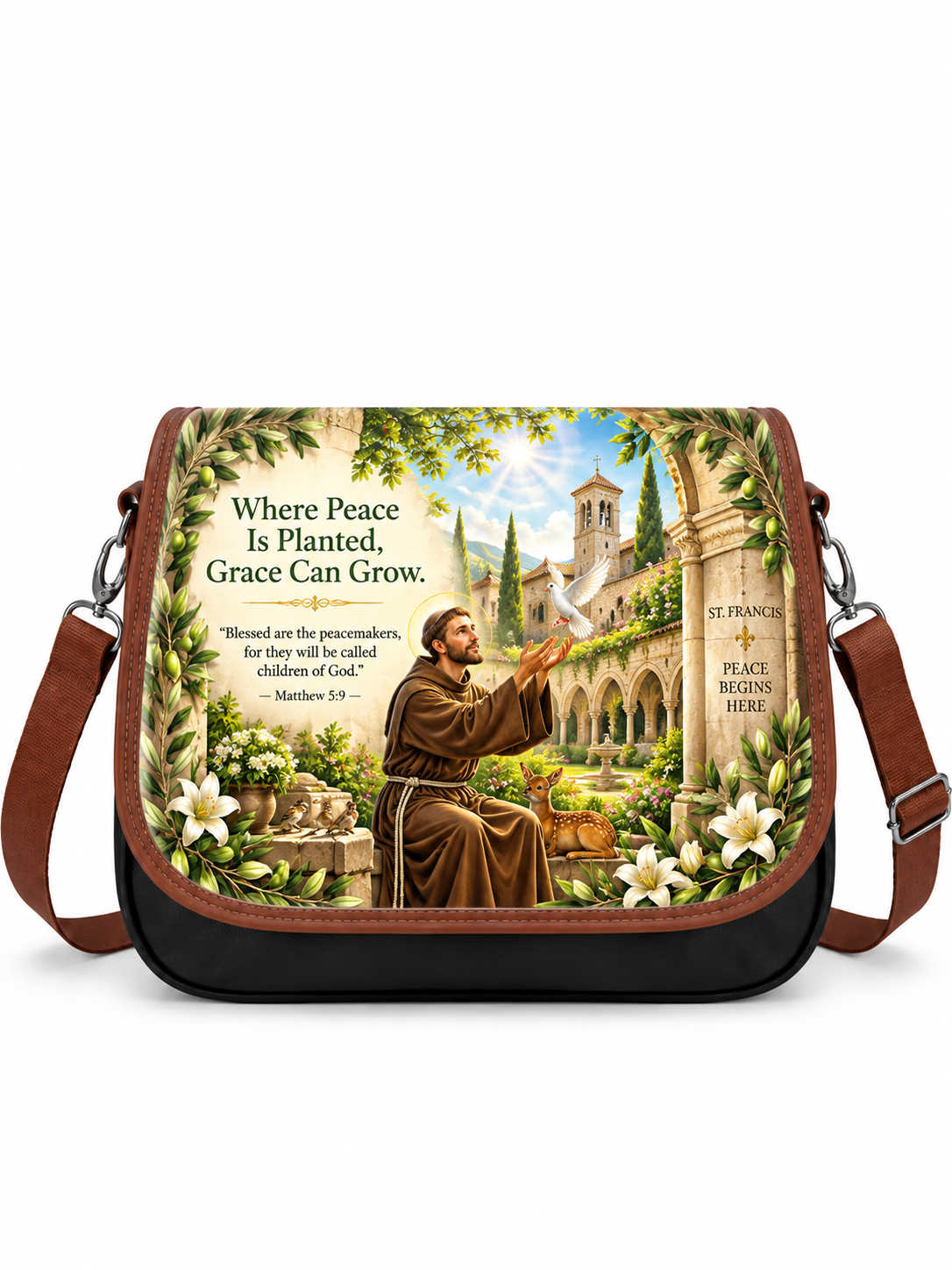 A black and brown crossbody bag with a detailed religious illustration of St. Francis on the front flap, featuring the text 'Where Peace Is Planted, Grace Can Grow' and a white background.