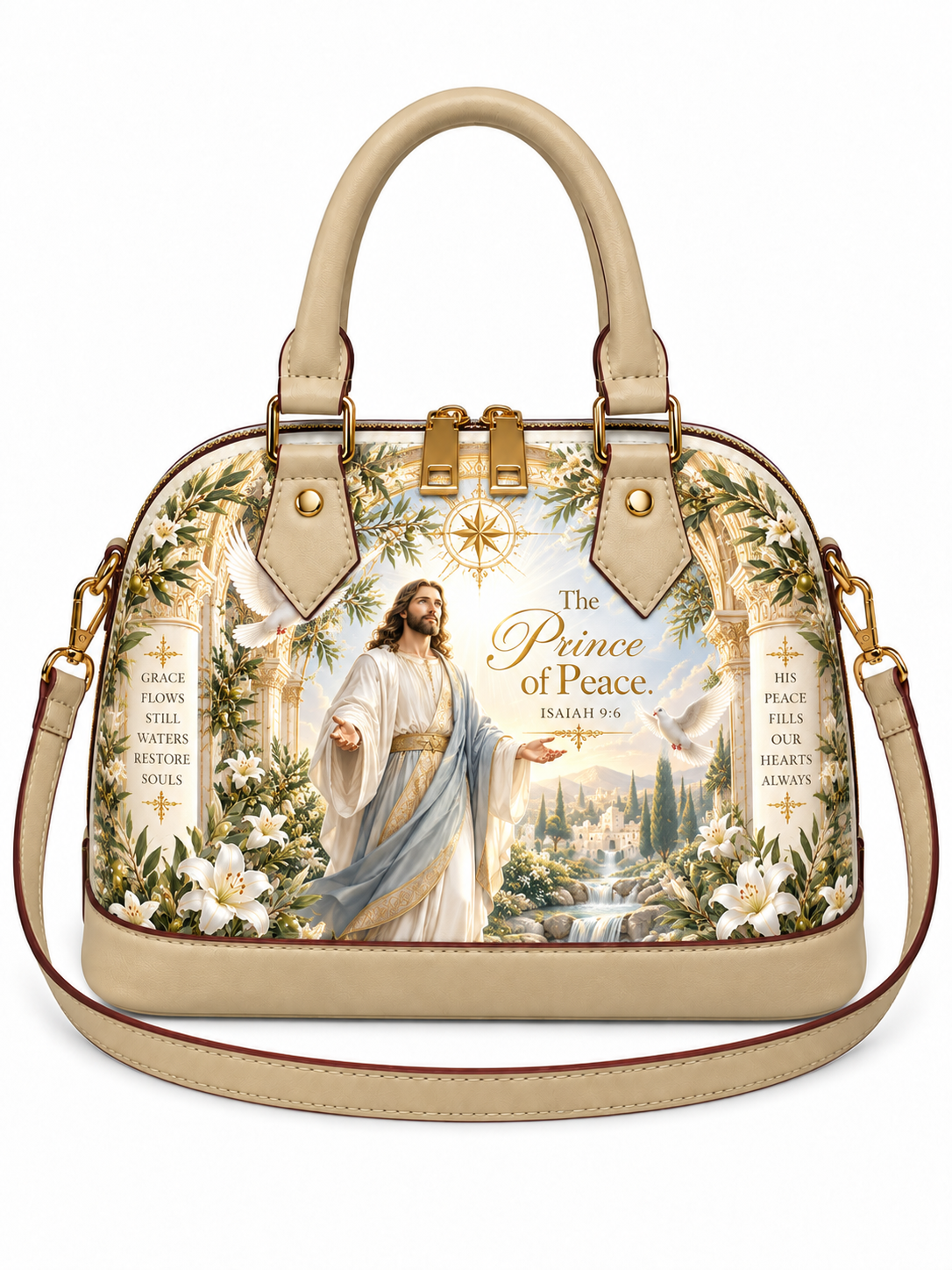 A structured dome-shaped handbag with beige leather handles and trim, featuring a detailed religious illustration of Jesus Christ with the text 'The Prince of Peace' and floral arch designs on the front, shown on a plain white background.