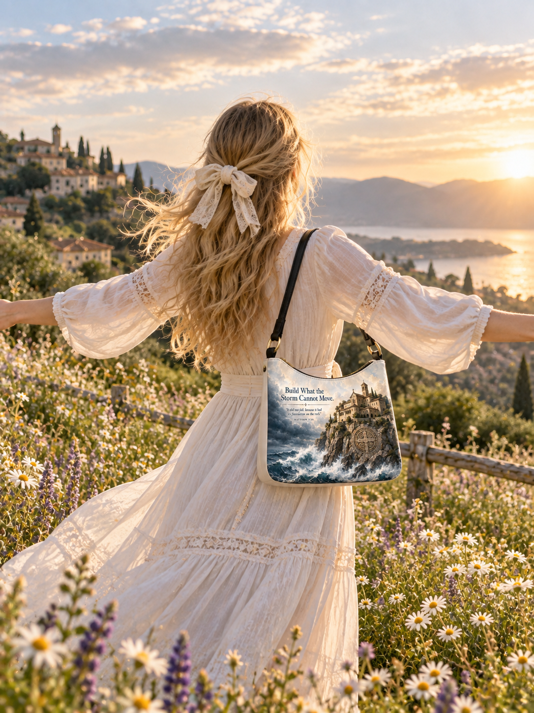 A woman in a white dress stands in a sunlit field of wildflowers with her back to the camera, carrying a tote bag over her shoulder. The tote bag features a printed illustration of a castle on the sea and the text 'Read What Is Before You, Love What Is Before You.