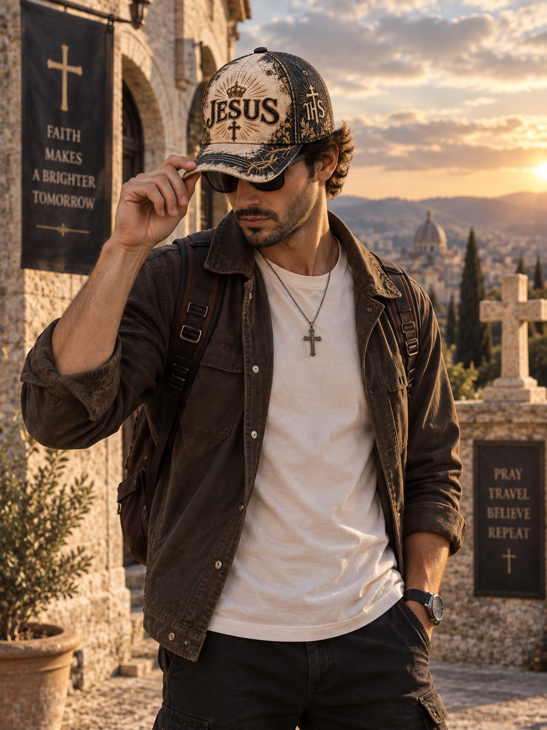 A distressed baseball cap featuring 'JESUS' in large black letters with a crown and cross on the front, and 'TBS' with ornate detailing on the side. The cap has a weathered cream and dark navy blue color scheme with a grunge, cracked texture.
