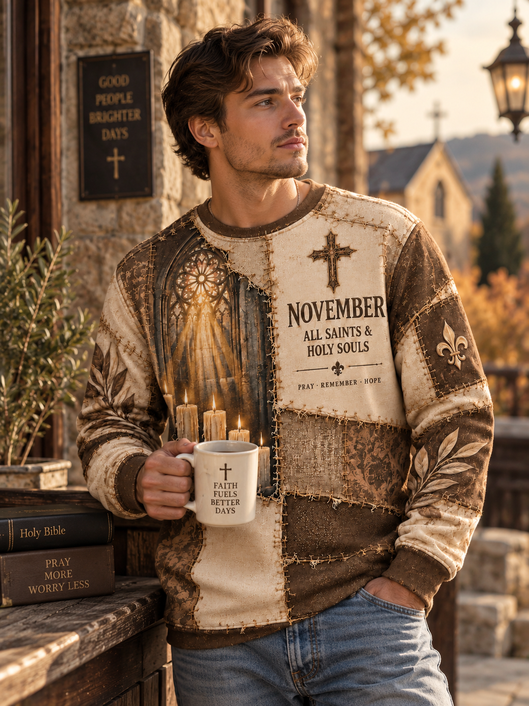 A man wearing a brown and beige patchwork Christmas sweater with religious text and graphics, holding a white mug with a cross design, standing in a rustic outdoor setting.
